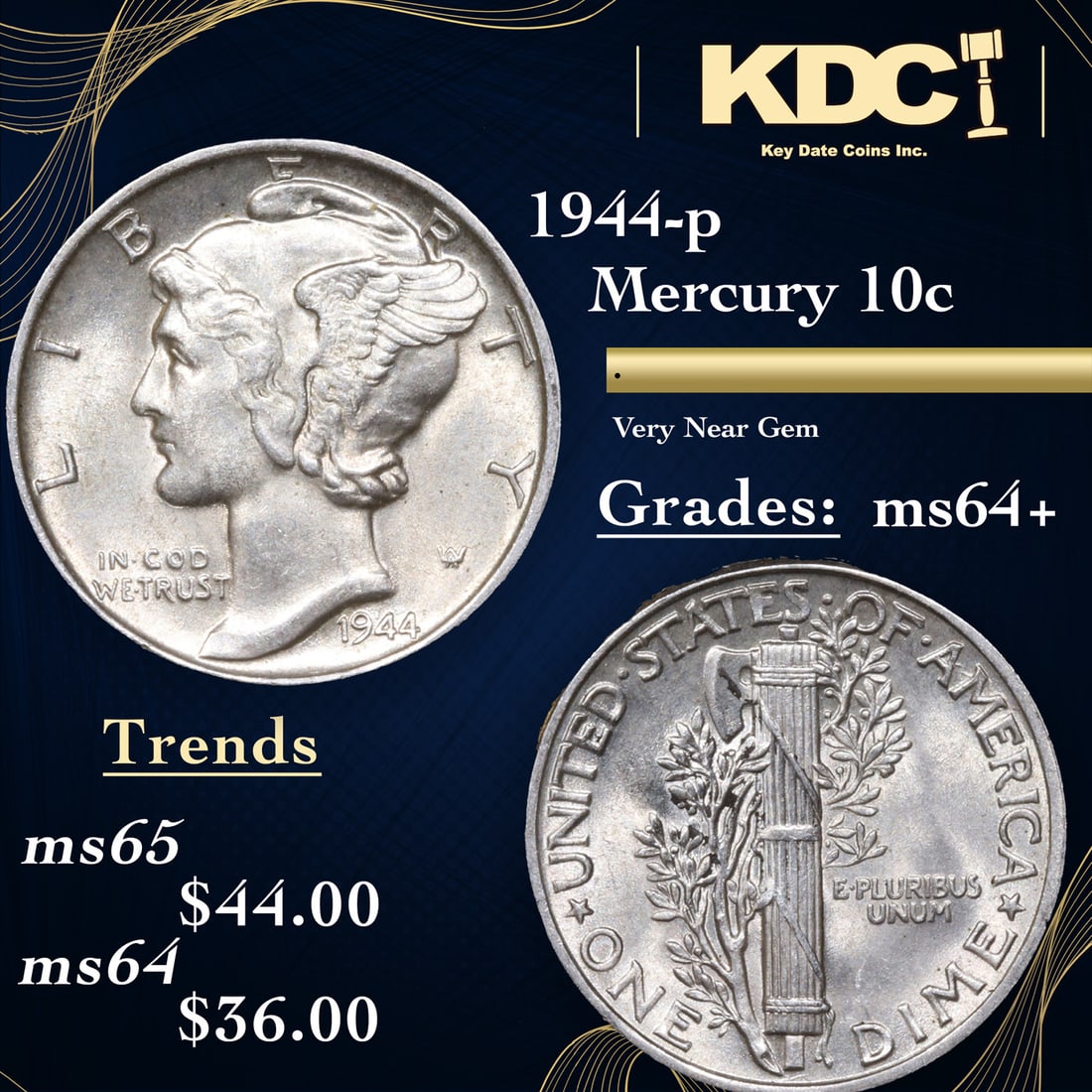 1944-p Mercury Dime 10c Grades Choice+ Unc (1 of 3)