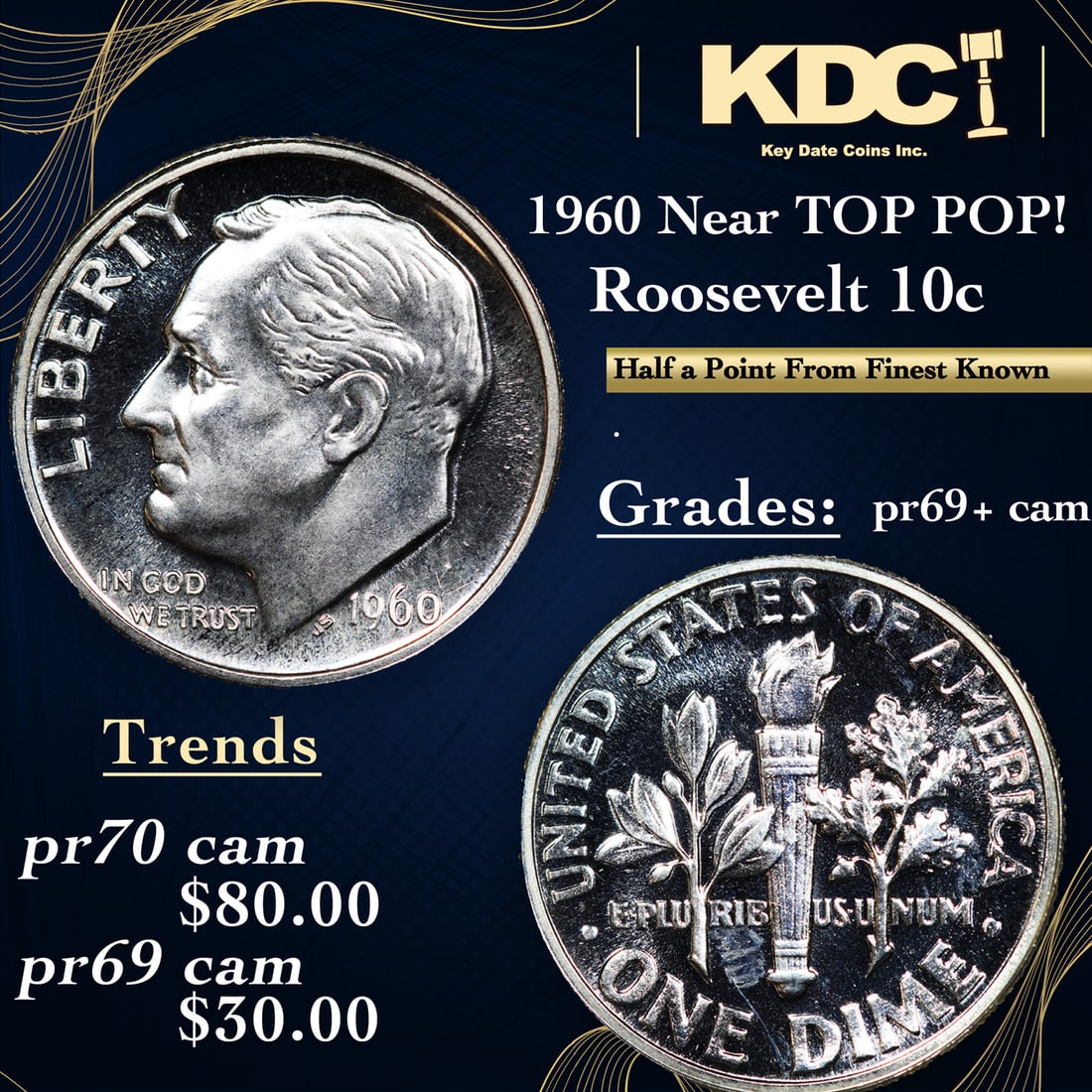 Proof 1960 Roosevelt Dime Near TOP POP! 10c Graded pr69+ cam By SEGS (1 of 3)