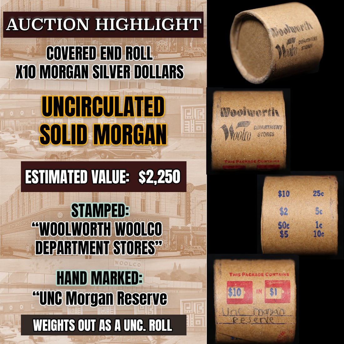 Wow! Covered End Roll! Marked "Unc Morgan Reserve"! X10 Coins Inside! (FC) (1 of 5)