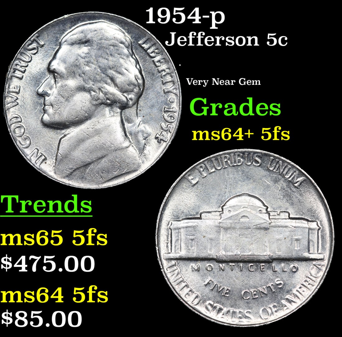 1954-p Jefferson Nickel 5c Grades Choice Unc+ 5fs (1 of 3)