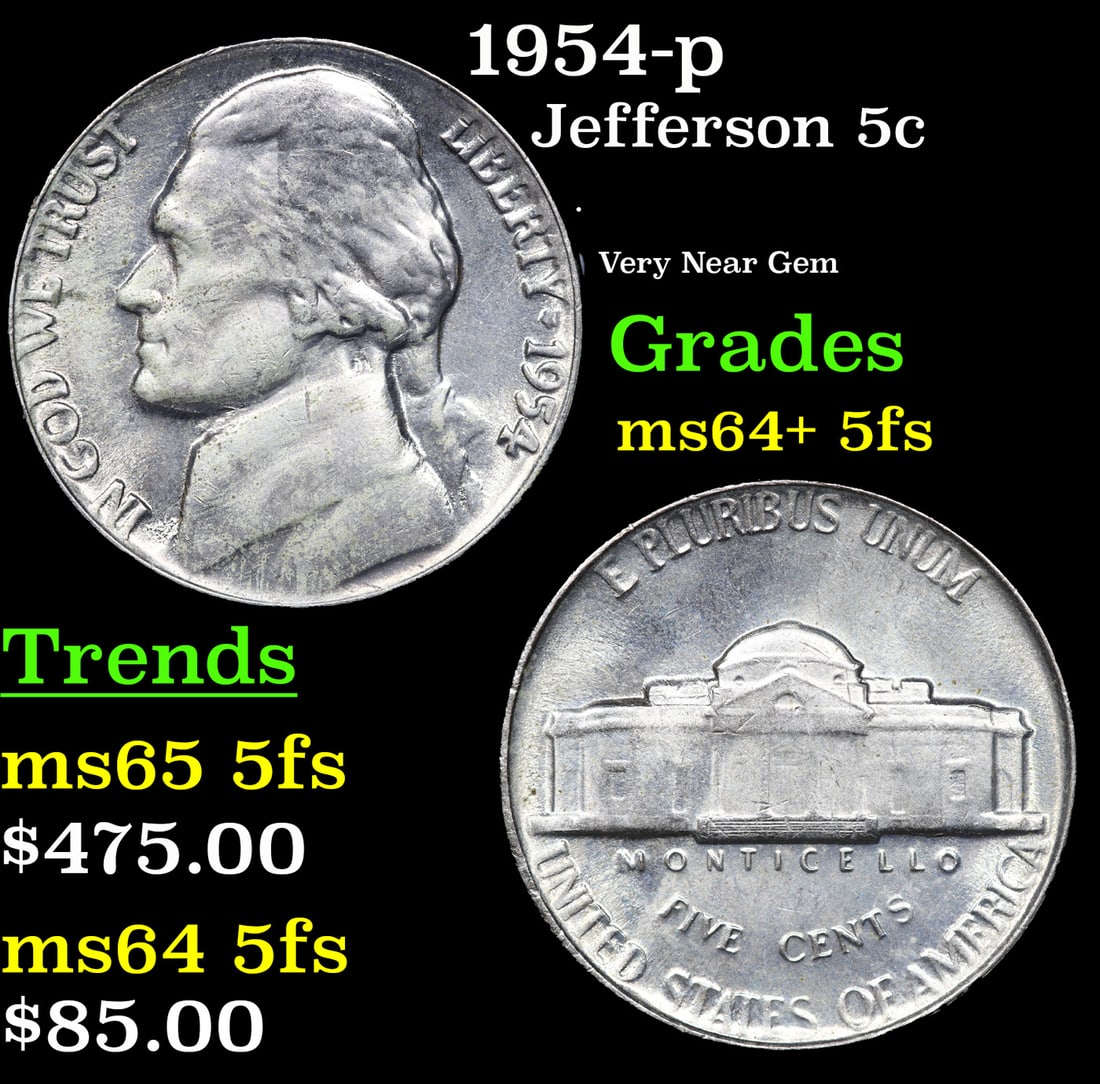 1954-p Jefferson Nickel 5c Grades Choice Unc+ 5fs (1 of 3)
