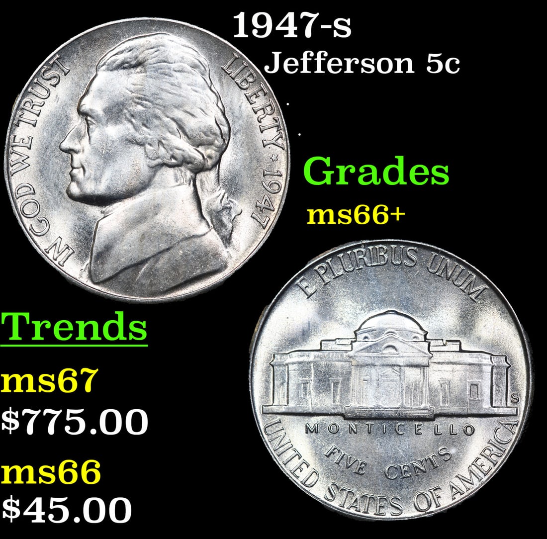 1947-s Jefferson Nickel 5c Grades GEM++ Unc (1 of 3)