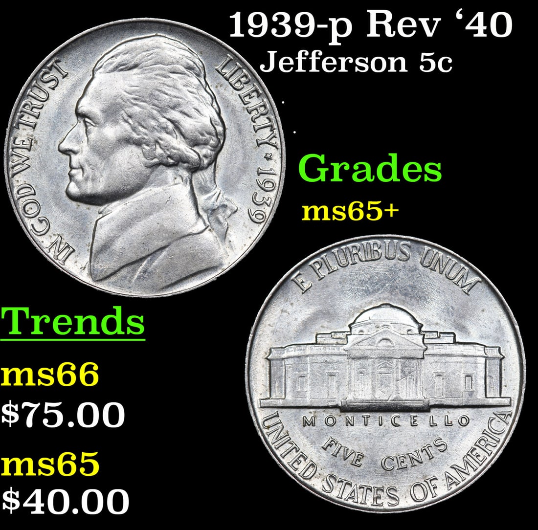1939-p Rev '40 Jefferson Nickel 5c Grades GEM+ Unc (1 of 3)