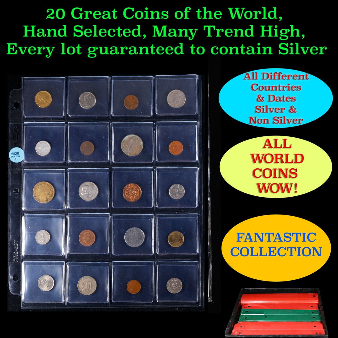 20 Great Coins of the World, hand selected, many trend high, every lot guaranteed to contain Silver.: 20 Great Coins of the World, hand selected, many trend high, every lot guaranteed to contain Silver.. We have received a huge collection of over 10 thousand US coins in flips, 2x2 holders, and 20 coin