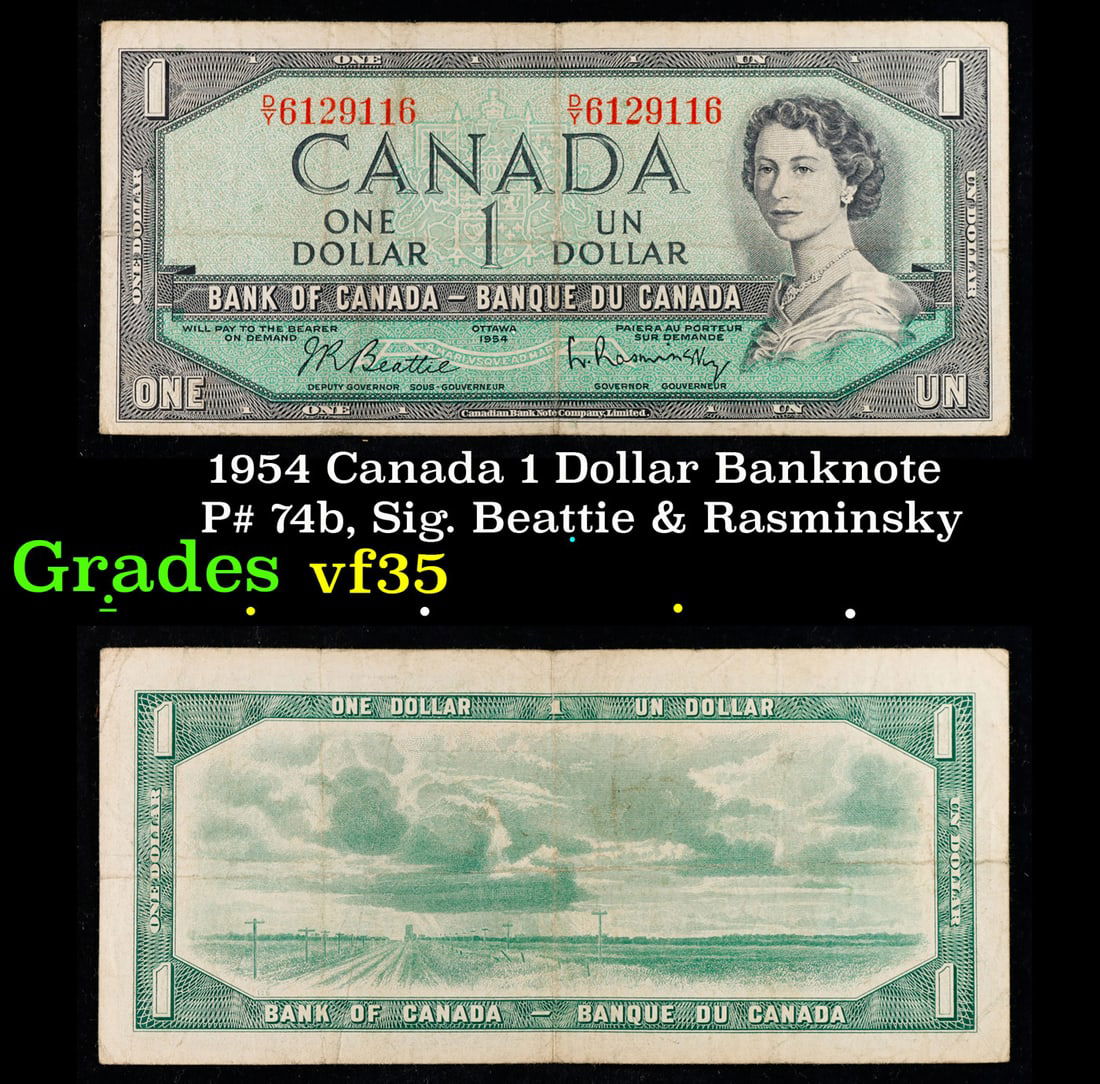 1954 Canada 1 Dollar Banknote P# 74b, Sig. Beattie & Rasminsky Grades vf++ (1 of 3)