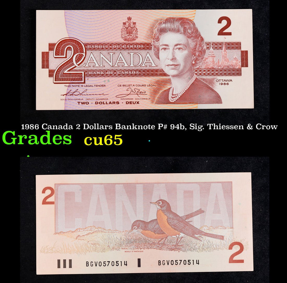 1986 Canada 2 Dollars Banknote P# 94b, Sig. Thiessen & Crow Grades Gem CU (1 of 3)