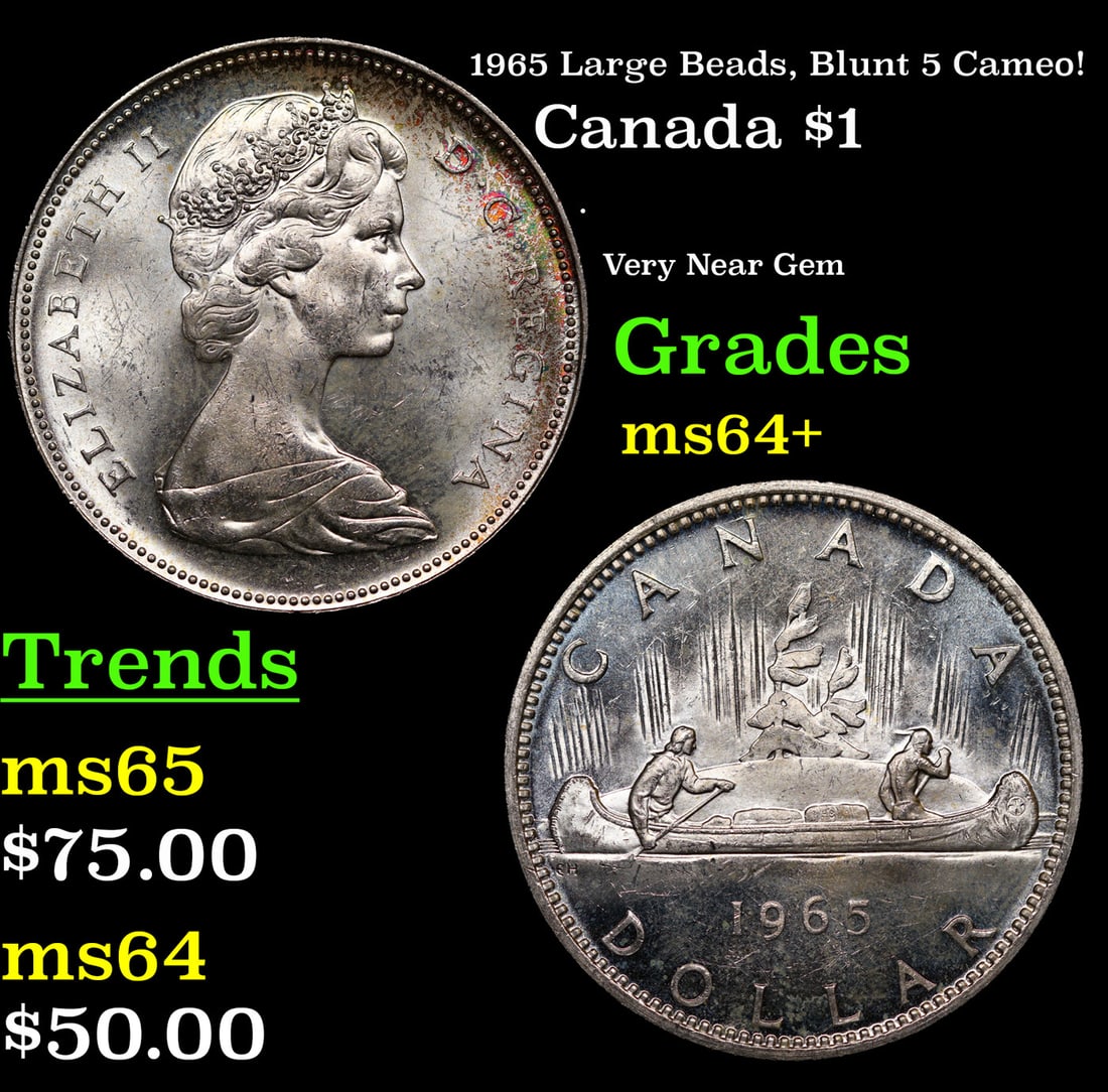 1965 Large Beads, Blunt 5 Canada Dollar Cameo! 1 Grades Choice+ Unc (1 of 3)
