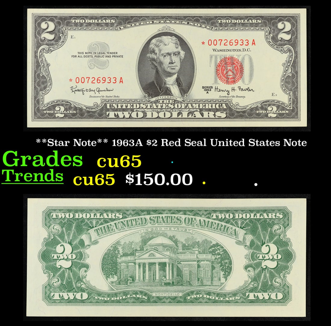 **Star Note** 1963A $2 Red Seal United States Note Grades Gem CU (1 of 3)