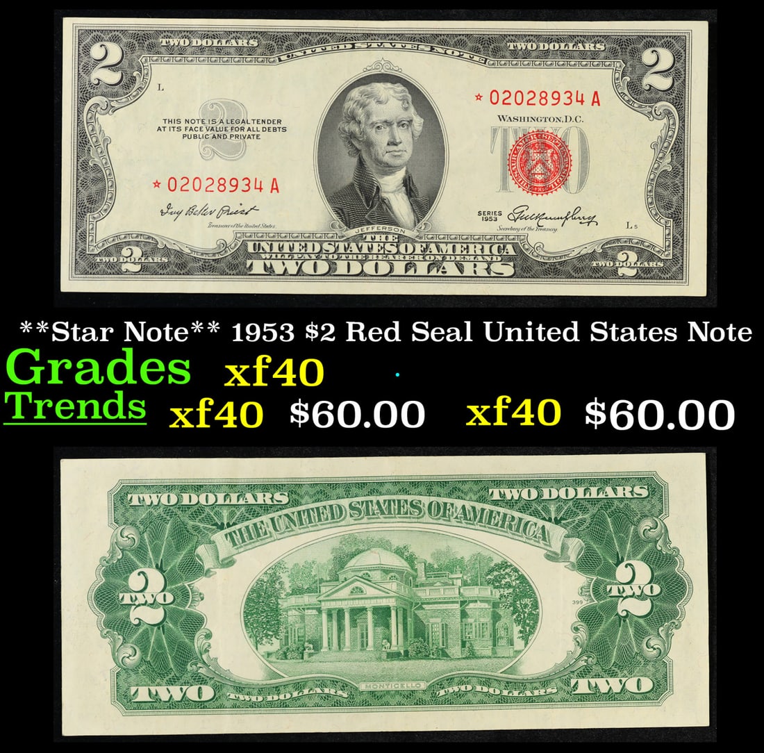 **Star Note** 1953 $2 Red Seal United States Note Grades xf (1 of 3)