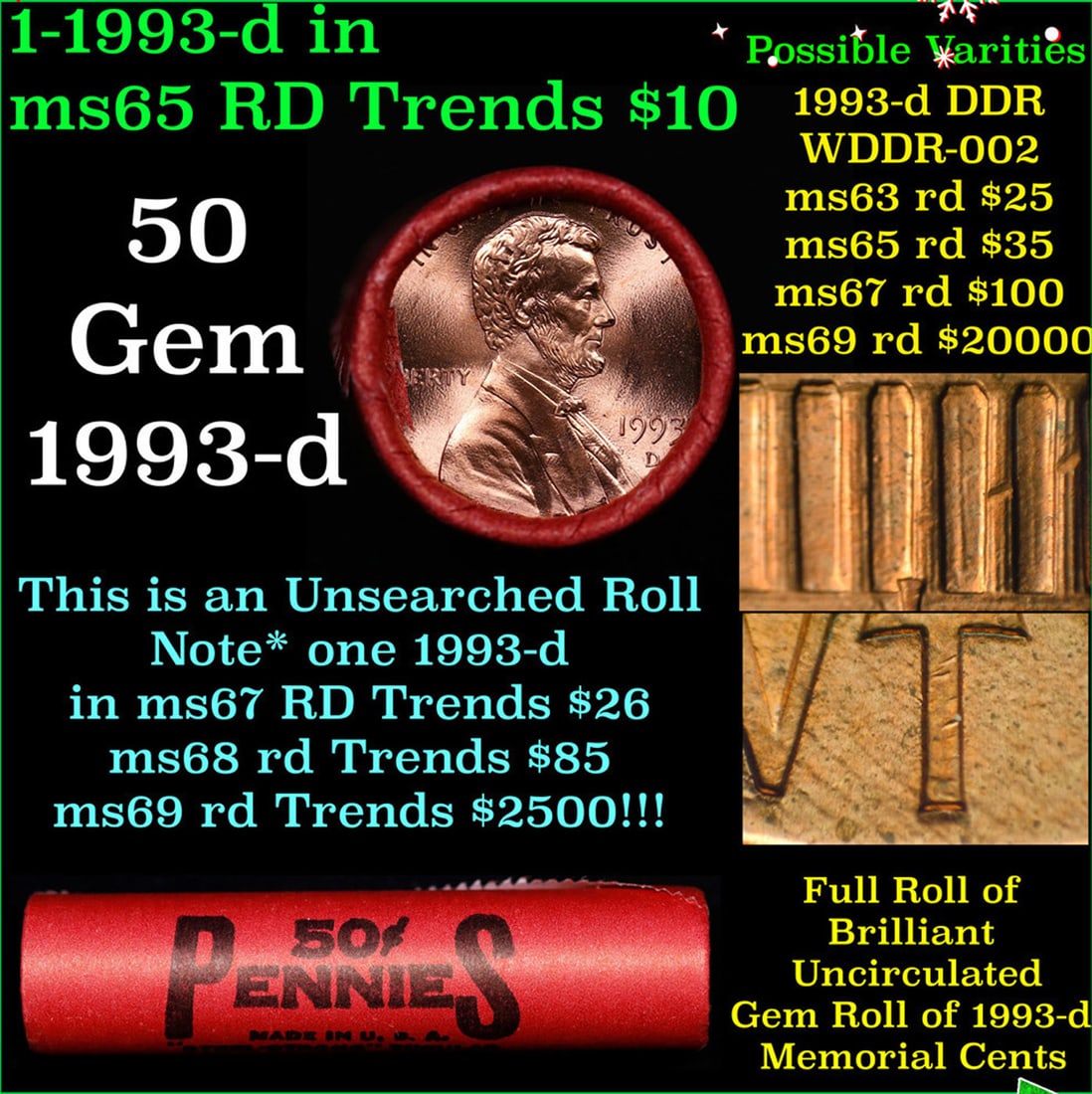 BU Shotgun Lincoln 1c roll, 1993-d 50 pcs Bank Wrapper.: BU Shotgun Lincoln 1c roll, 1993-d 50 pcs Bank Wrapper. . A terrific Shotgun roll of Lincoln cents. Most if not all coin should be cherry red.