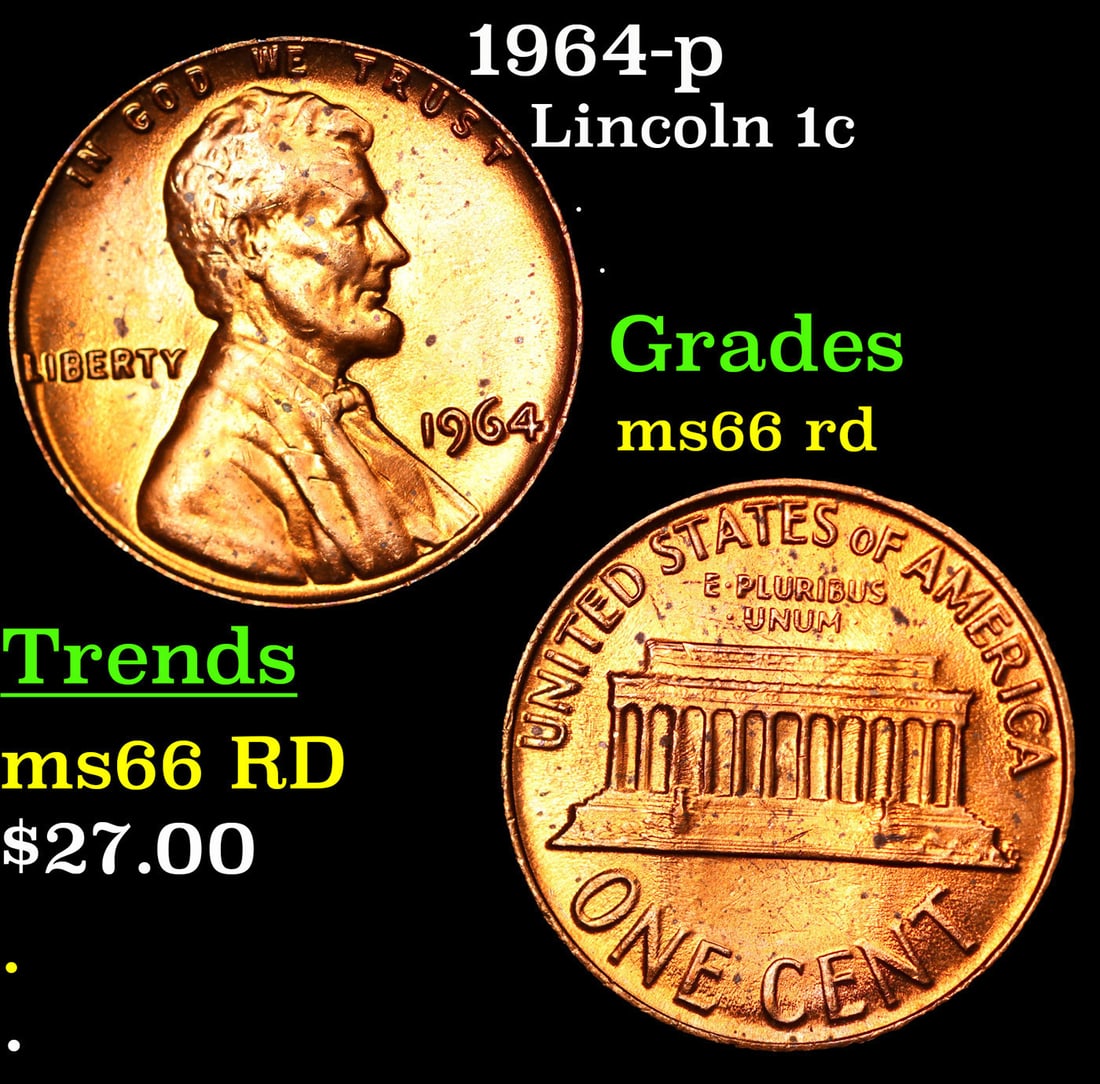 1964-p Lincoln Cent 1c Grades GEM+ Unc RD (1 of 3)