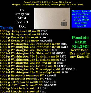 Sealed 2002 United States Mint Set in Original Government Shipped Box, Never Opened! 20 Coins: Sealed 2002 United States Mint Set in Original Government Shipped Box, Never Opened! 20 Coins Inside!. The 2002 Mint Set would include a total of 20 different coins from the Philadelphia and Denver Mi