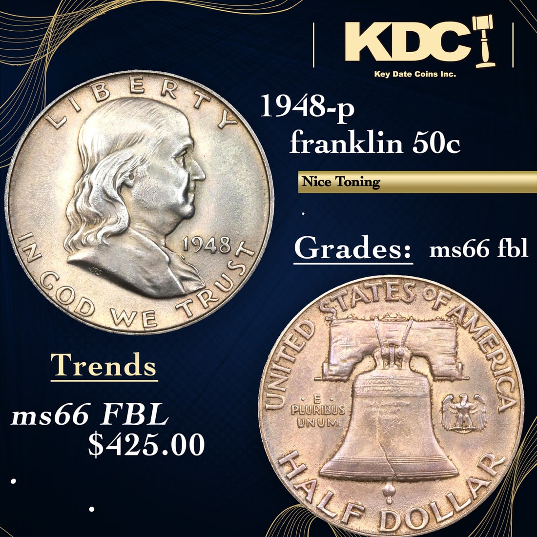 1948-p Franklin Half Dollar 50c Graded ms66 fbl By SEGS (1 of 5)