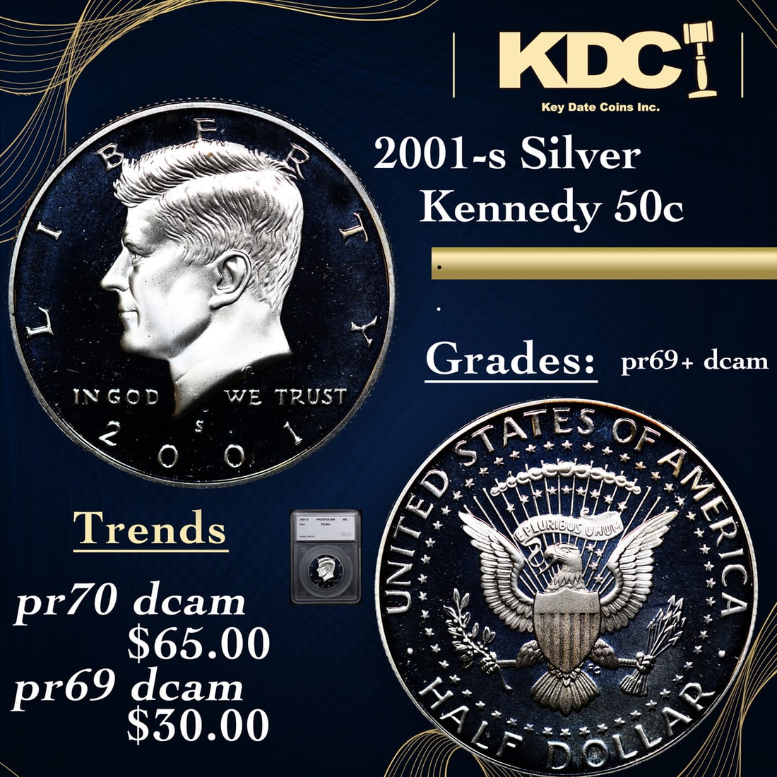 Proof 2001-s Silver Kennedy Half Dollar 50c Graded pr69+ dcam BY SEGS (1 of 3)