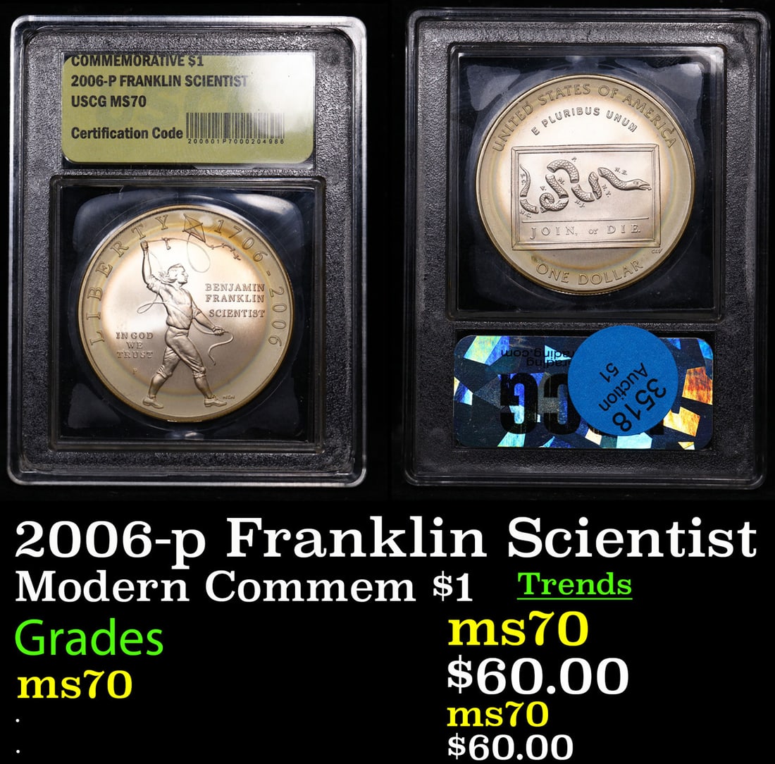 2006-p Franklin Scientist Modern Commem Dollar 1 Graded ms70, Perfection BY USCG: 2006-p Franklin Scientist Modern Commem Dollar 1 Graded ms70, Perfection BY USCG.