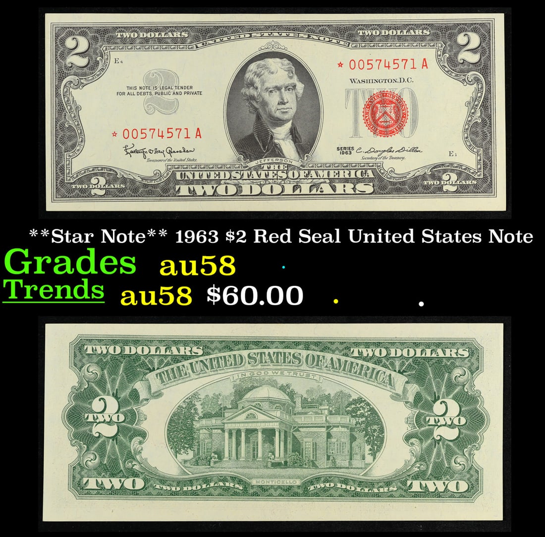 **Star Note** 1963 $2 Red Seal United States Note Grades Choice AU/BU Slider (1 of 3)
