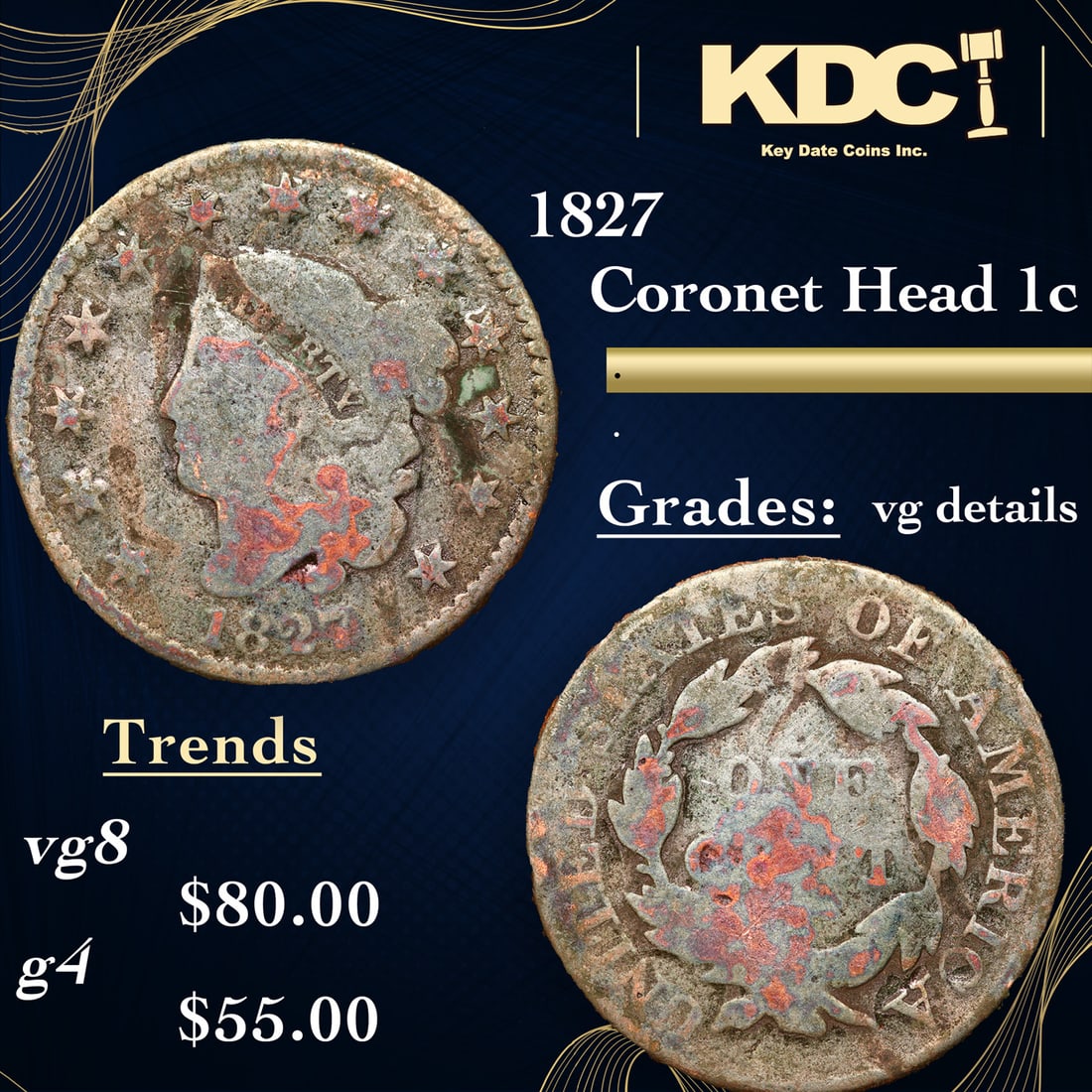 1827 Coronet Head Large Cent 1c Grades vg details (1 of 3)