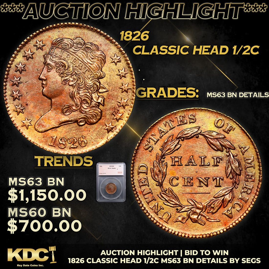 1826 Classic Head half cent 1/2c Graded ms63 bn details By SEGS (1 of 5)
