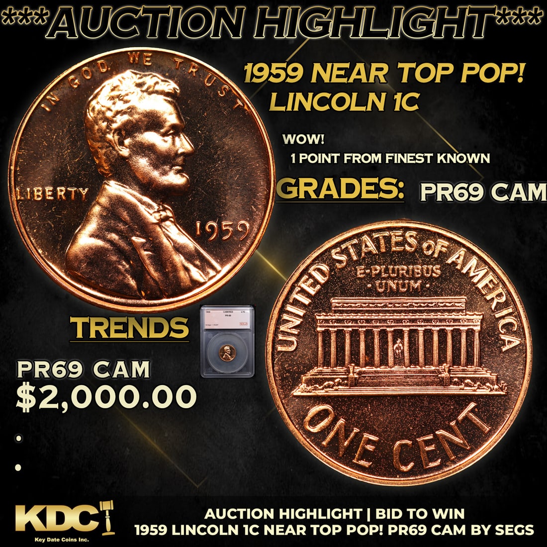 Proof ***Auction Highlight*** 1959-p Lincoln Cent Near TOP POP! 1c Graded GEM++ Proof Cameo By USCG (1 of 4)