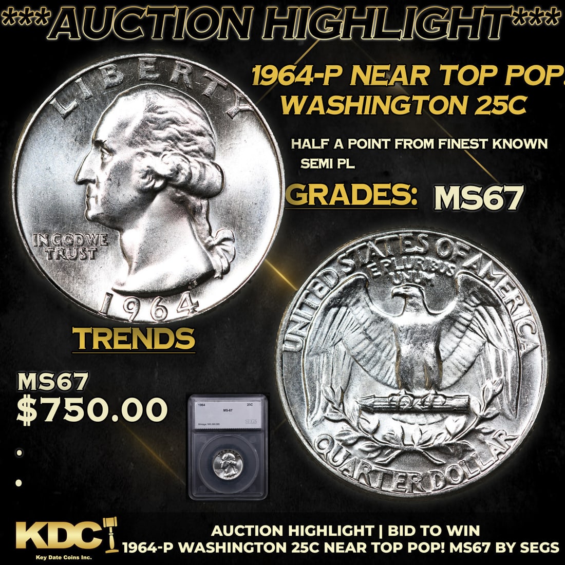 ***Auction Highlight*** 1964-p Washington Quarter Near TOP POP! 25c Graded ms67 BY SEGS (fc) (1 of 5)