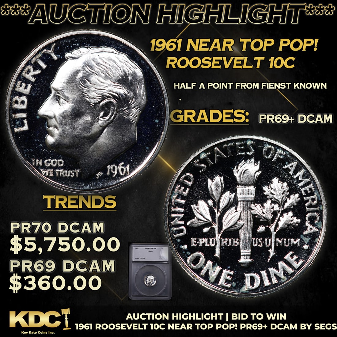 Proof ***Auction Highlight*** 1961 Roosevelt Dime Near TOP POP! 10c Graded pr69+ DCAM BY SEGS (fc) (1 of 5)