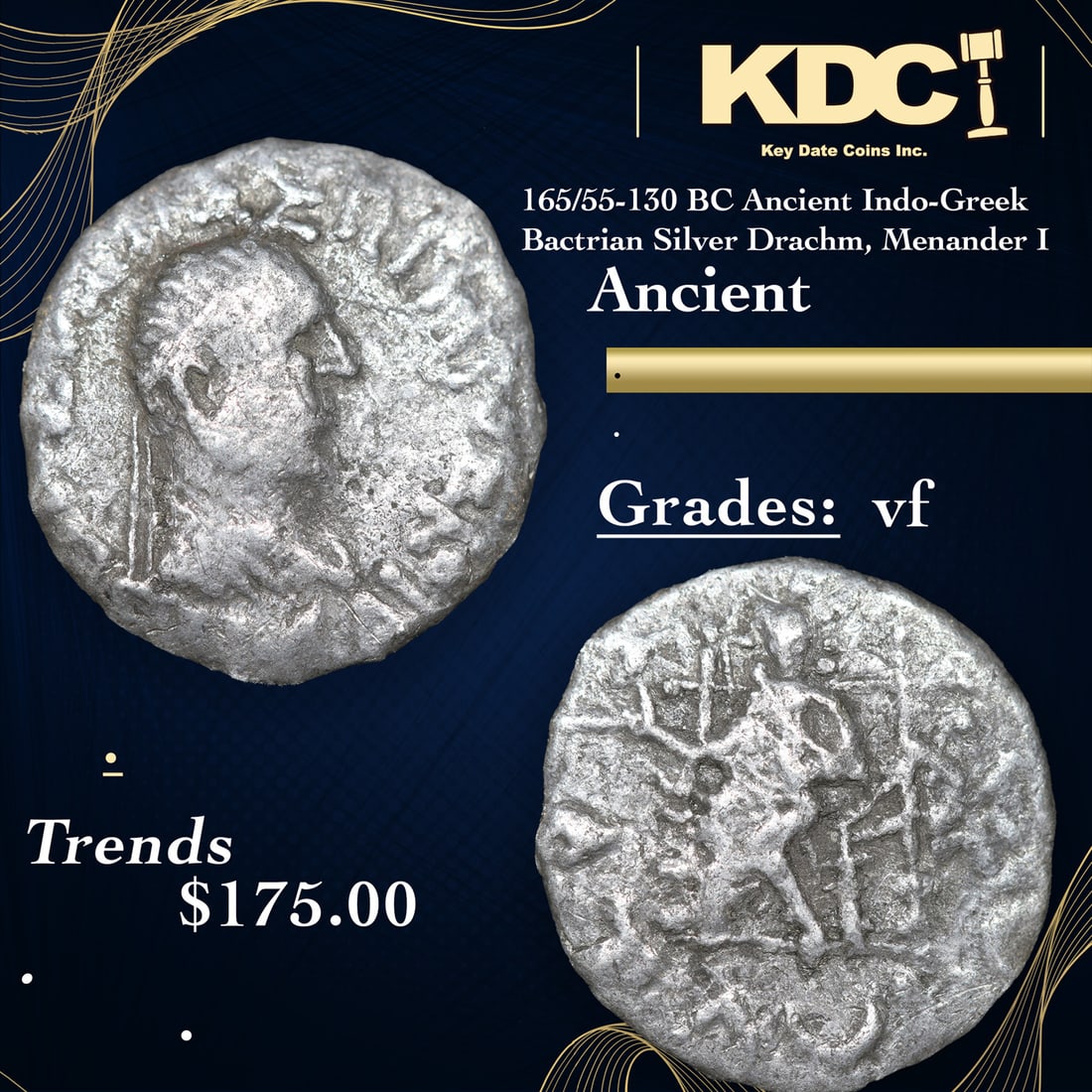 165/55-130 BC Ancient Indo-Greek Bactrian Silver Drachm, Menander I Ancient Grades vf (1 of 3)