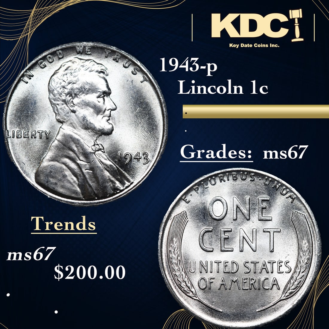 1943-p Lincoln Cent 1c Grades GEM++ Unc (1 of 3)