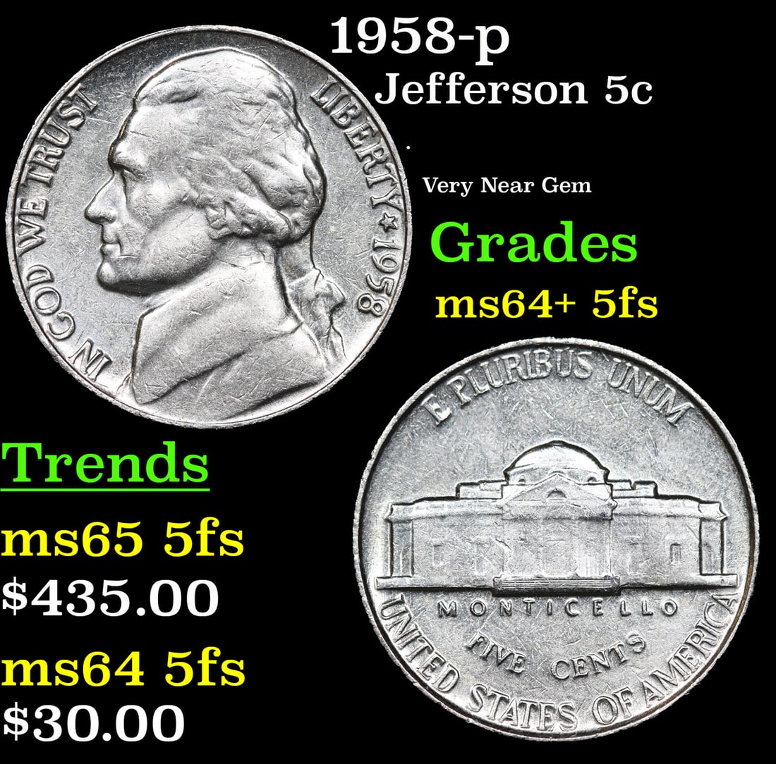 1958-p Jefferson Nickel 5c Grades Choice Unc+ 5fs (1 of 3)