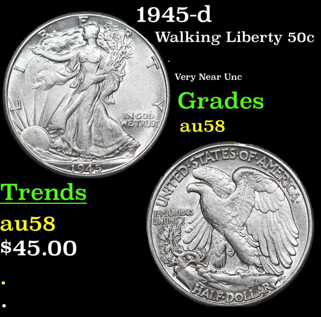 1945-d Walking Liberty Half Dollar 50c Grades Choice AU/BU Slider (1 of 1)