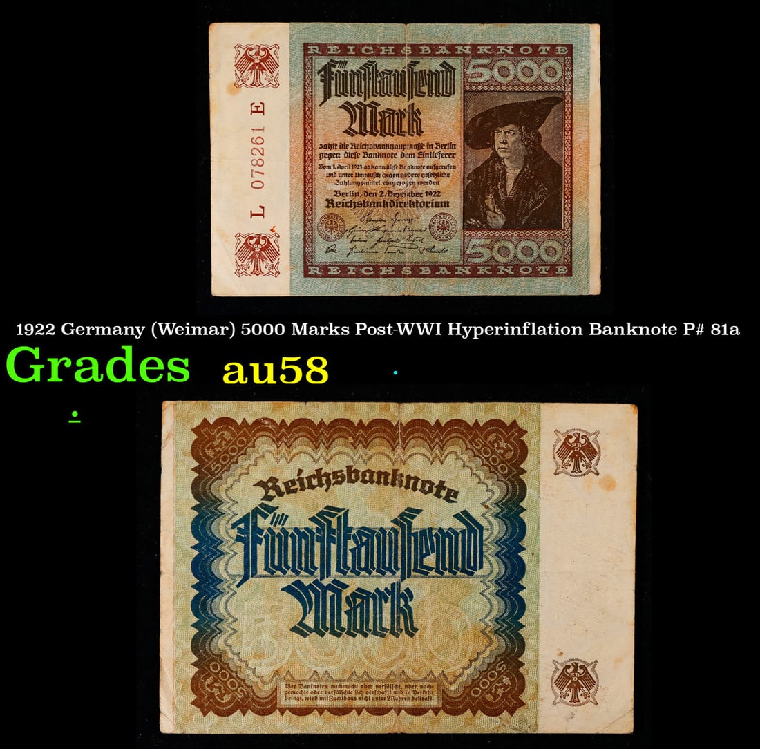 1922 Germany (Weimar) 5000 Marks Post-WWI Hyperinflation Banknote P# 81a Grades Choice AU/BU Slider (1 of 3)