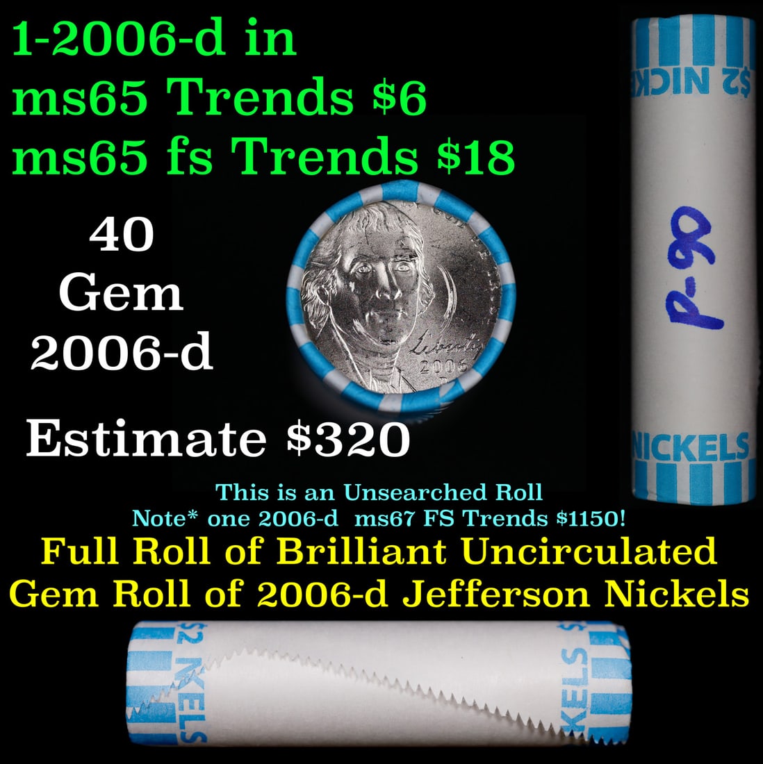 BU Shotgun Jefferson 5c roll, 1962-p 40 pcs Bank $2 Nickel Wrapper: BU Shotgun Jefferson 5c roll, 1962-p 40 pcs Bank $2 Nickel Wrapper.