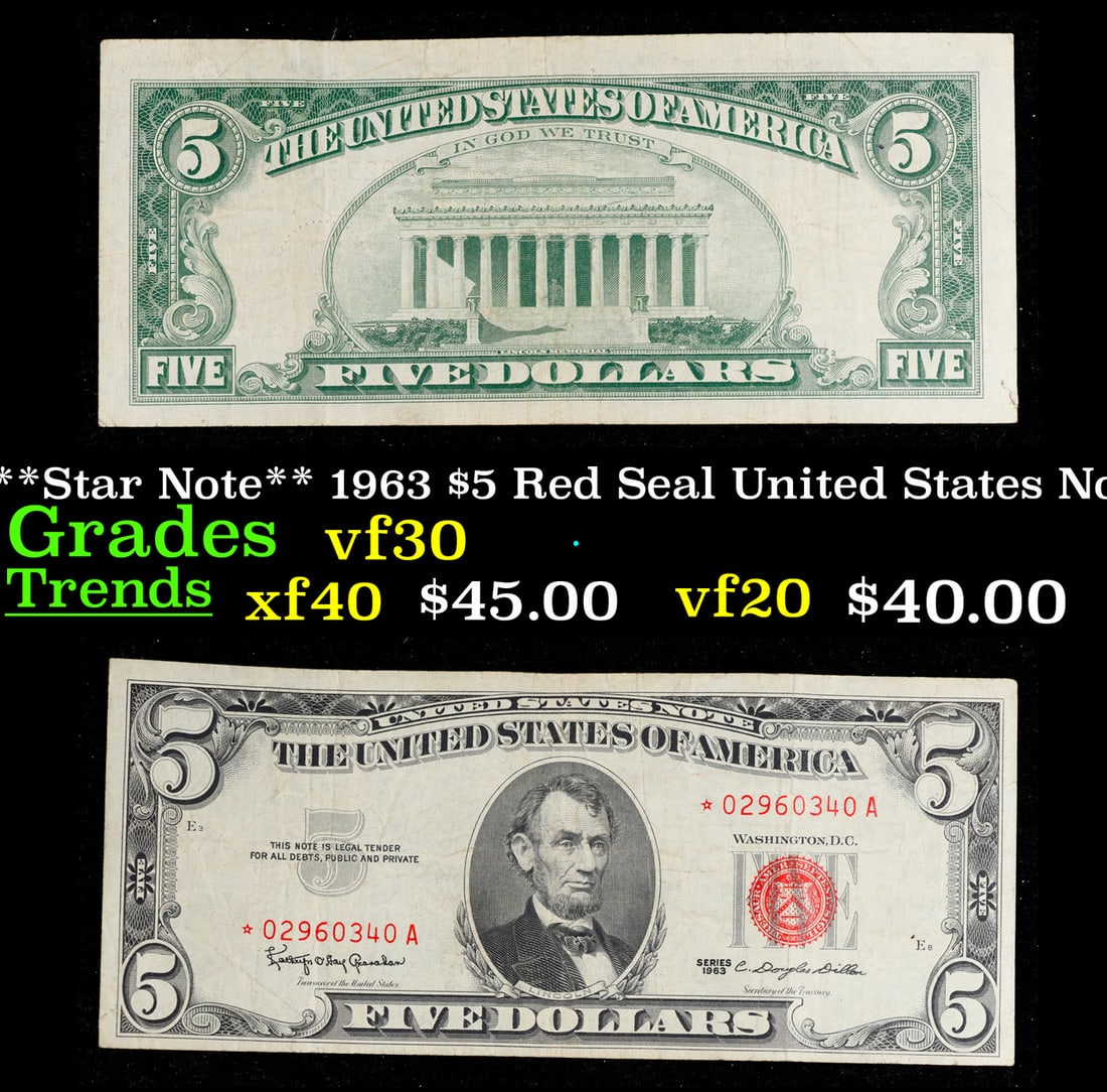 **Star Note** 1963 $5 Red Seal United States Note Grades vf++ (1 of 3)