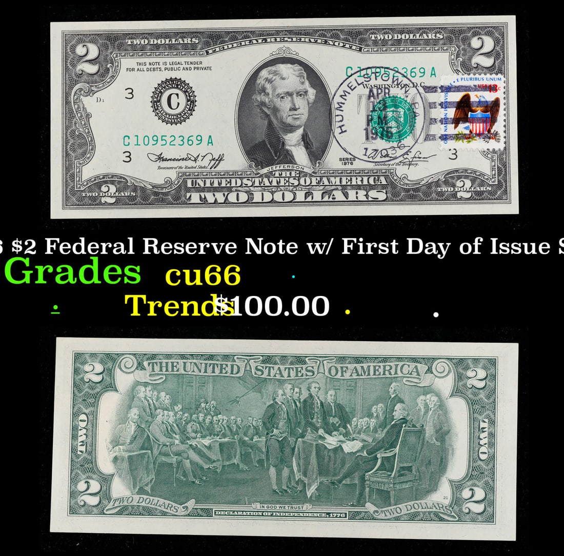 1976 $2 Federal Reserve Note w/ First Day of Issue Stamp $2 Green Seal Federal Reserve Note Grades (1 of 3)