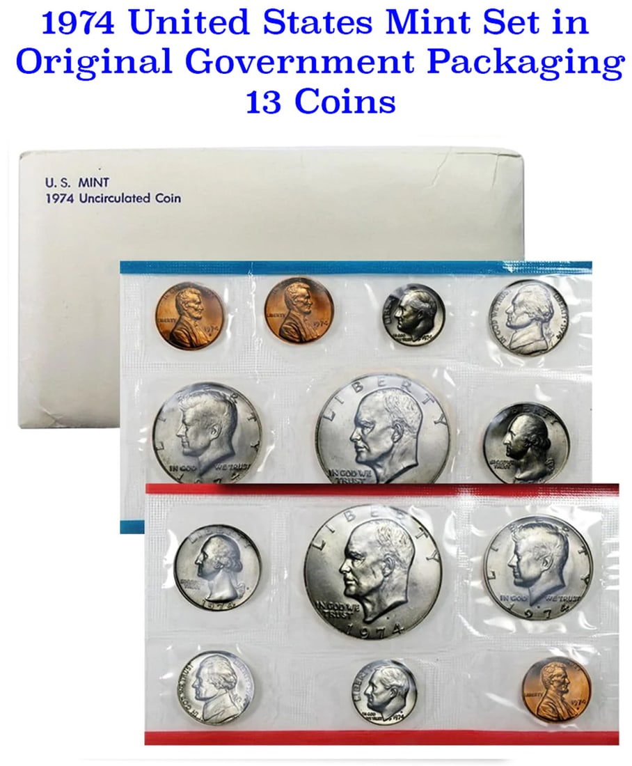1974 U.S. Mint Set Original Government Packaging 13 coins!: 1974 U.S. Mint Set Original Government Packaging 13 coins!. Contains both the entire Philadelphia and Denver Issues for 1974. This set has 2 Eisenhower 'Ike' Dollars.