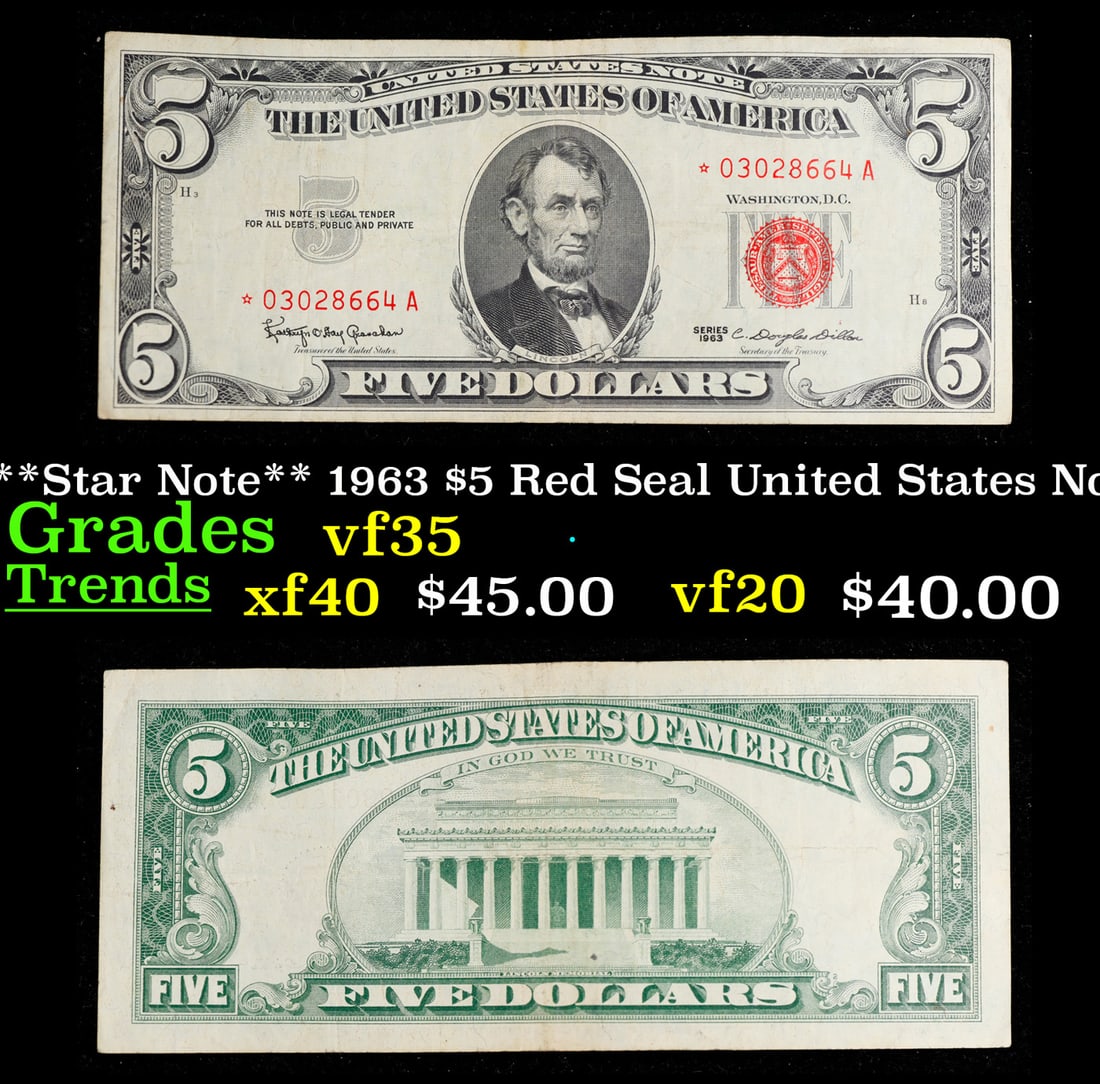**Star Note** 1963 $5 Red Seal United States Note Grades vf++ (1 of 3)