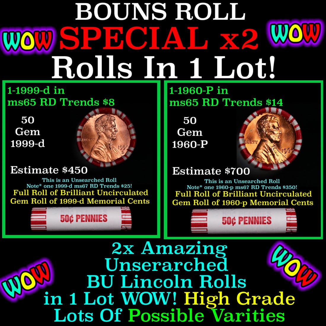 2x BU Shotgun Lincoln 1c rolls, 1960-p & 1999-d 50 pcs Each 100 Coins Total 50c (1 of 3)