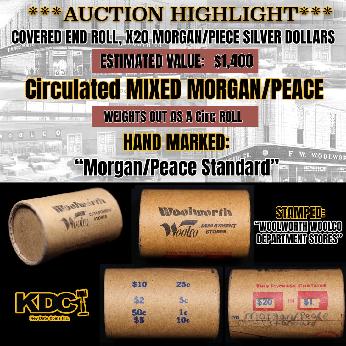 *Uncovered Hoard* - Covered End Roll - Marked "Morgan/Peace Standard" - Weight shows x20 Coins (FC) (1 of 5)