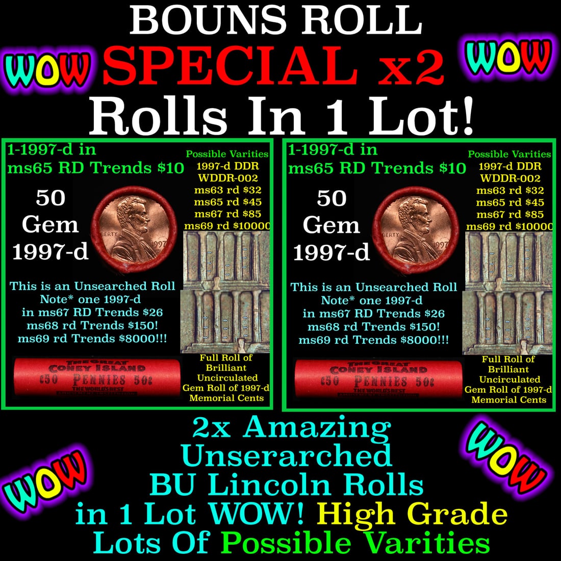 2x BU Shotgun Lincoln 1c rolls, 1997-d & 1961-p 50 pcs Each 100 Coins Total 50c: 2x BU Shotgun Lincoln 1c rolls, 1997-d & 1961-p 50 pcs Each 100 Coins Total 50c. Two terrific Shotgun rolls of Lincoln cents. Most if not all coins should be cherry red.