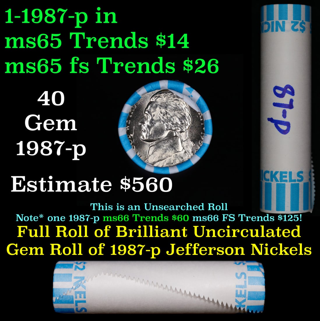BU Shotgun Jefferson 5c roll, 1987-p 40 pcs Bank $2 Nickel Wrapper: BU Shotgun Jefferson 5c roll, 1987-p 40 pcs Bank $2 Nickel Wrapper.