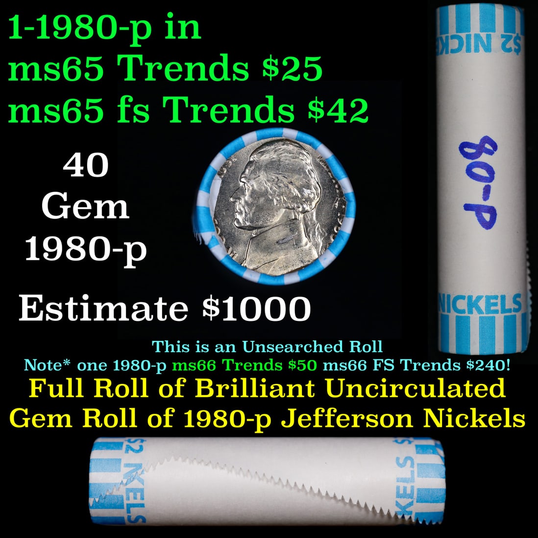 BU Shotgun Jefferson 5c roll, 1980-p 40 pcs Bank $2 Nickel Wrapper: BU Shotgun Jefferson 5c roll, 1980-p 40 pcs Bank $2 Nickel Wrapper.