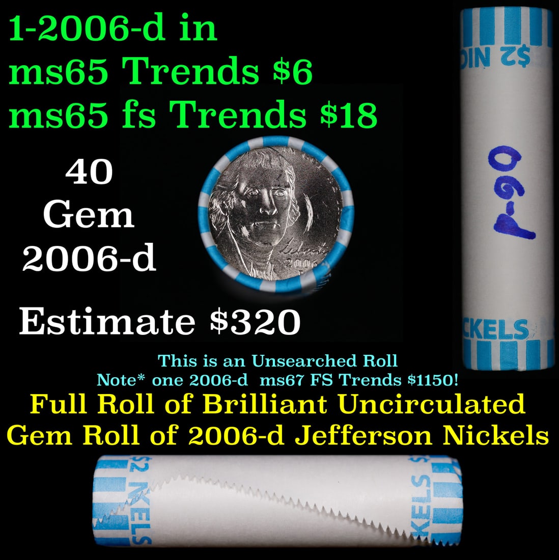 BU Shotgun Jefferson 5c roll, 1962-p 40 pcs Bank $2 Nickel Wrapper (1 of 3)