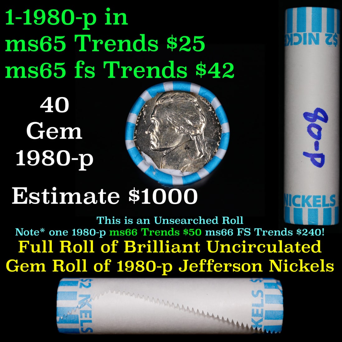 BU Shotgun Jefferson 5c roll, 1980-p 40 pcs Bank $2 Nickel Wrapper: BU Shotgun Jefferson 5c roll, 1980-p 40 pcs Bank $2 Nickel Wrapper.