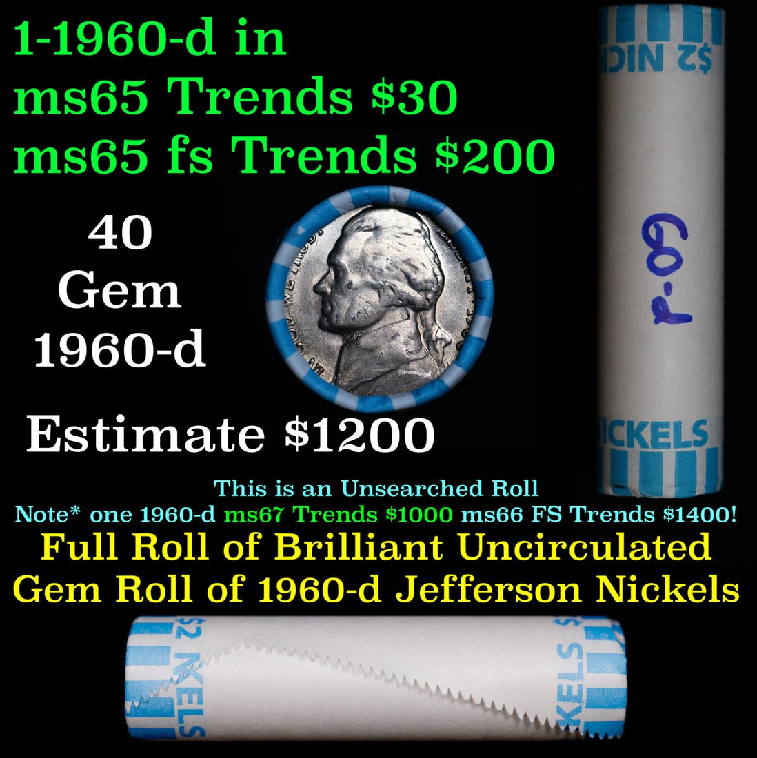BU Shotgun Jefferson 5c roll, 1960-d 40 pcs Bank $2 Nickel Wrapper: BU Shotgun Jefferson 5c roll, 1960-d 40 pcs Bank $2 Nickel Wrapper.