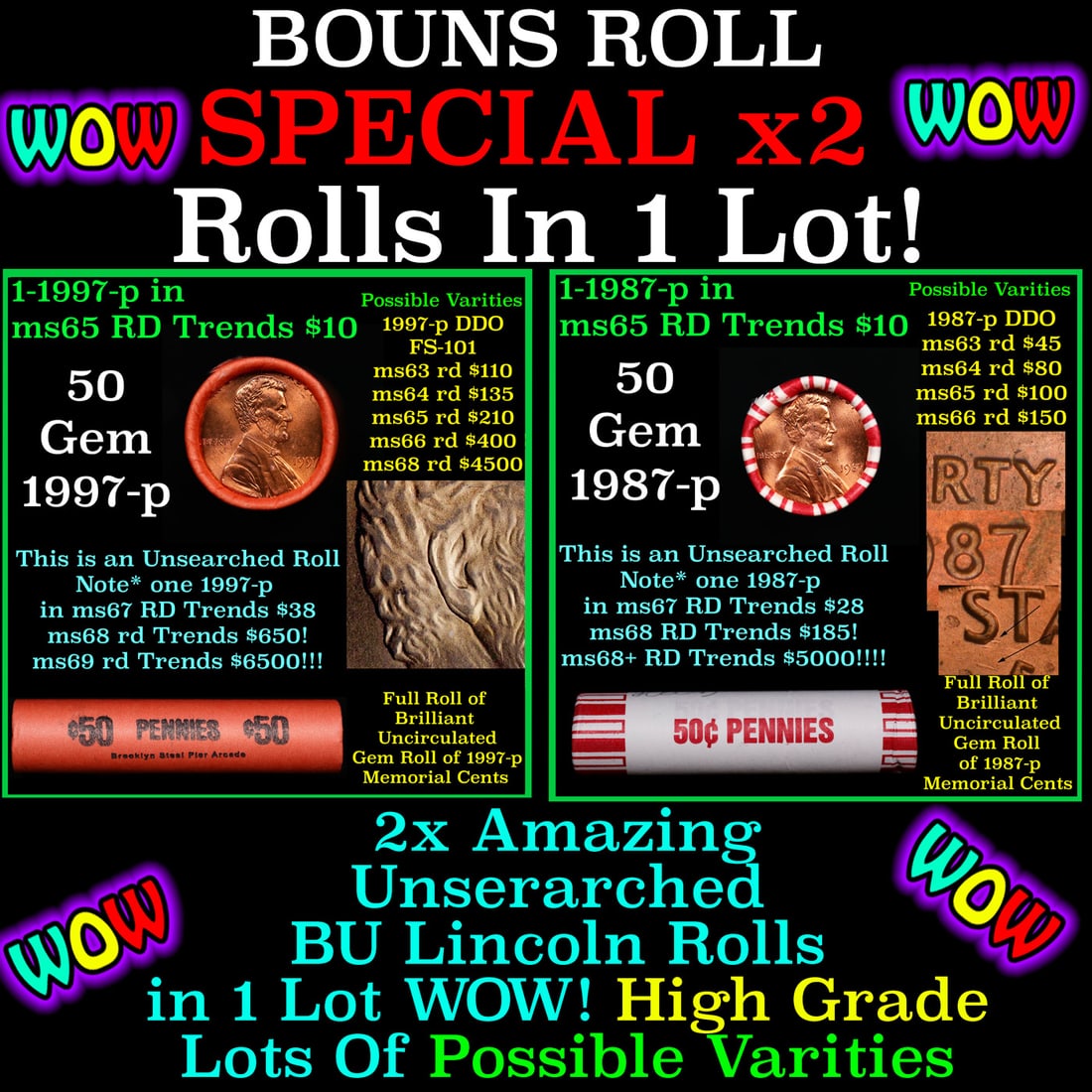 2x BU Shotgun Lincoln 1c rolls, 1997-p & 1987-p 50 pcs Each 100 Coins Total 50c (1 of 1)