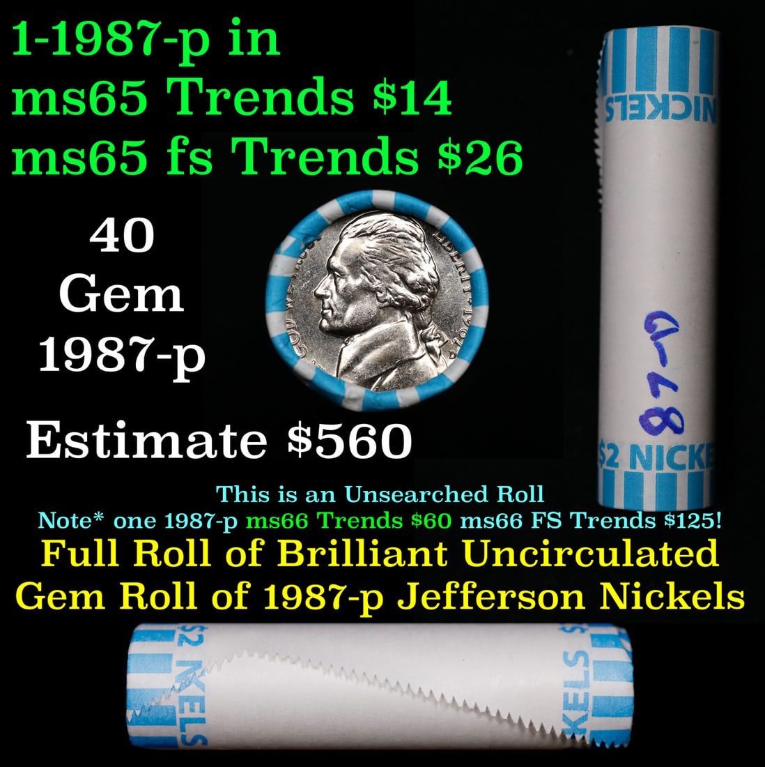 BU Shotgun Jefferson 5c roll, 1987-d 40 pcs Bank $2 Nickel Wrapper: BU Shotgun Jefferson 5c roll, 1987-d 40 pcs Bank $2 Nickel Wrapper.