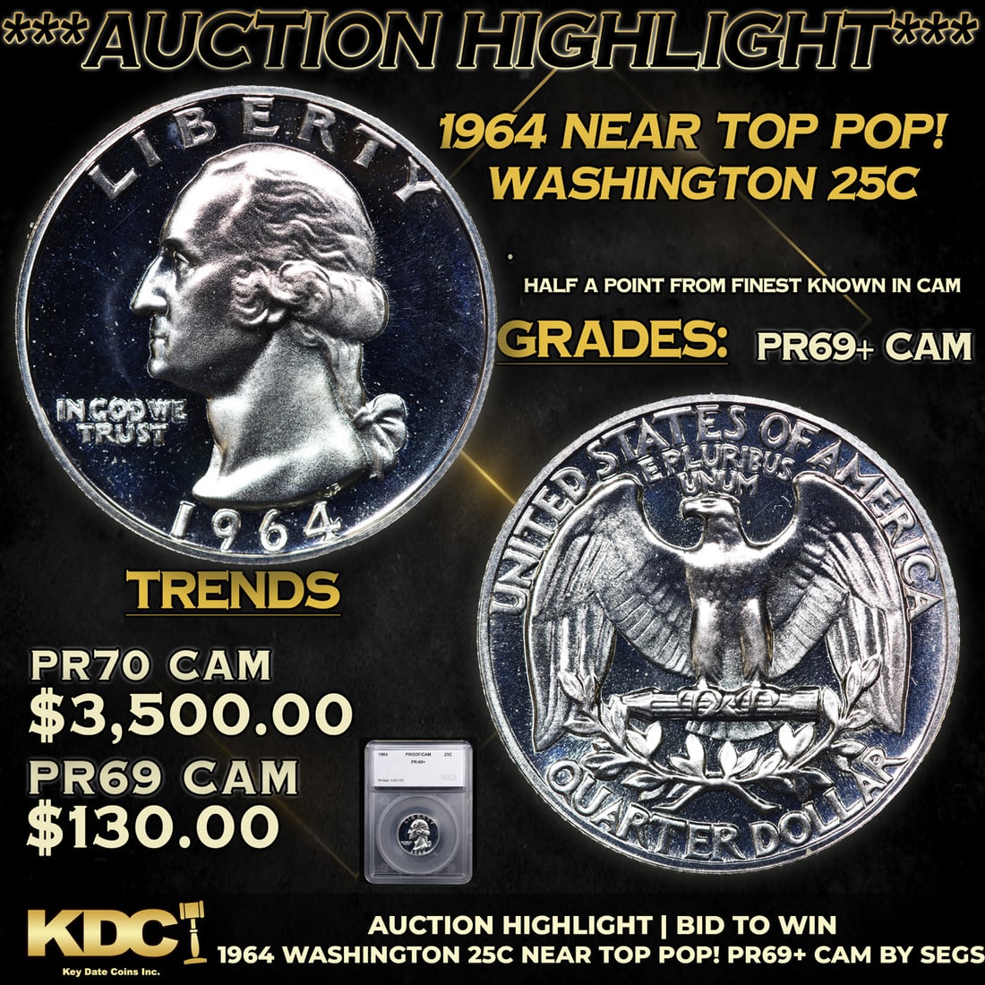 Proof ***Auction Highlight*** 1964 Washington Quarter Near Top Pop! 25c Graded pr69+ CAM BY SEGS (1 of 5)