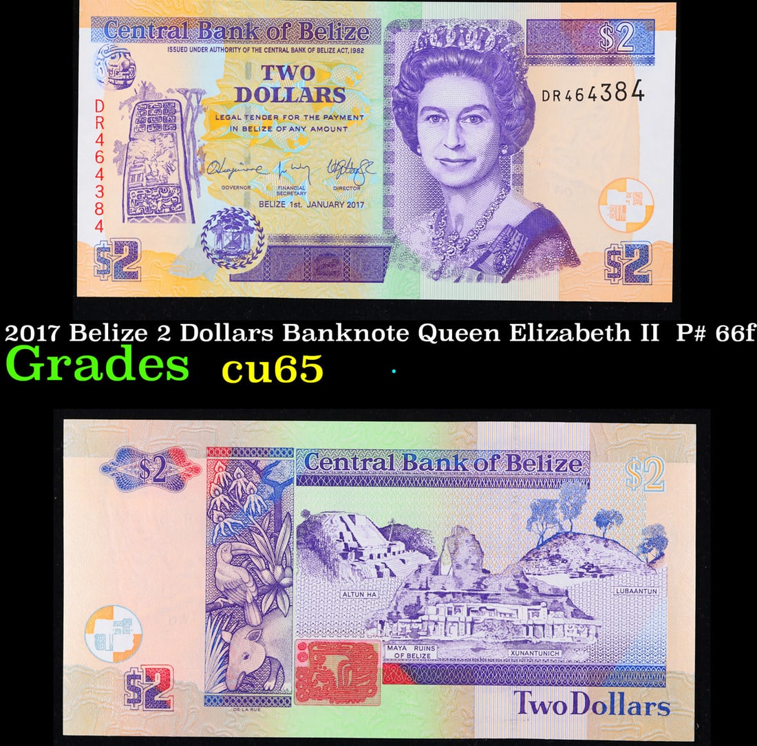2017 Belize 2 Dollars Banknote Queen Elizabeth II  P# 66f Grades Gem CU (1 of 3)