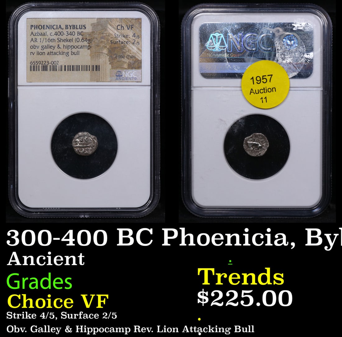 NGC 300-400 BC Phoenicia, Byblus, Azbaal. 1/16th Shekel Silver Ancient Graded Choice VF By NGC: NGC 300-400 BC Phoenicia, Byblus, Azbaal. 1/16th Shekel Silver Ancient Graded Choice VF By NGC. Byblos is an ancient city in the Keserwan-Jbeil Governorate of Lebanon. The area is believed to have bee