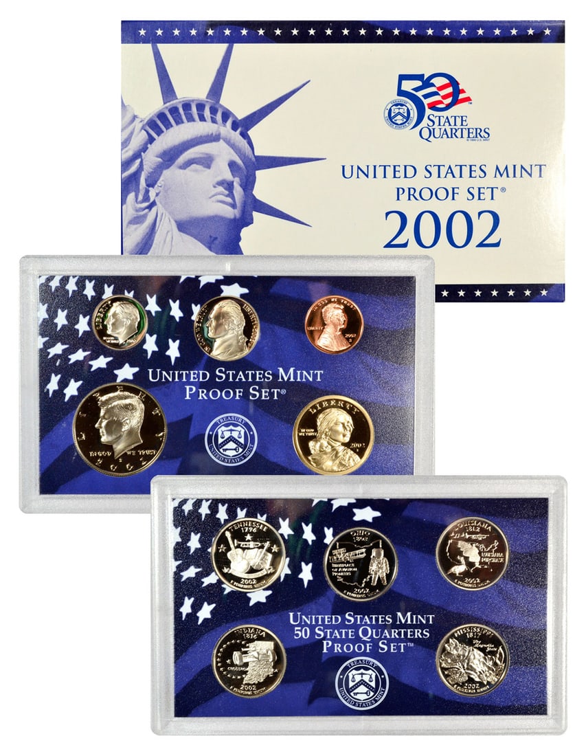 2002 United States Mint Proof Set 10 coins: 2002 United States Mint Proof Set 10 coins. The Set contains 5 Proof State Quarters, a Proof Half Dollar, a Proof Dime, as well as 3 additional Proof coins Including the Sacagawea Proof Dollar coin. C