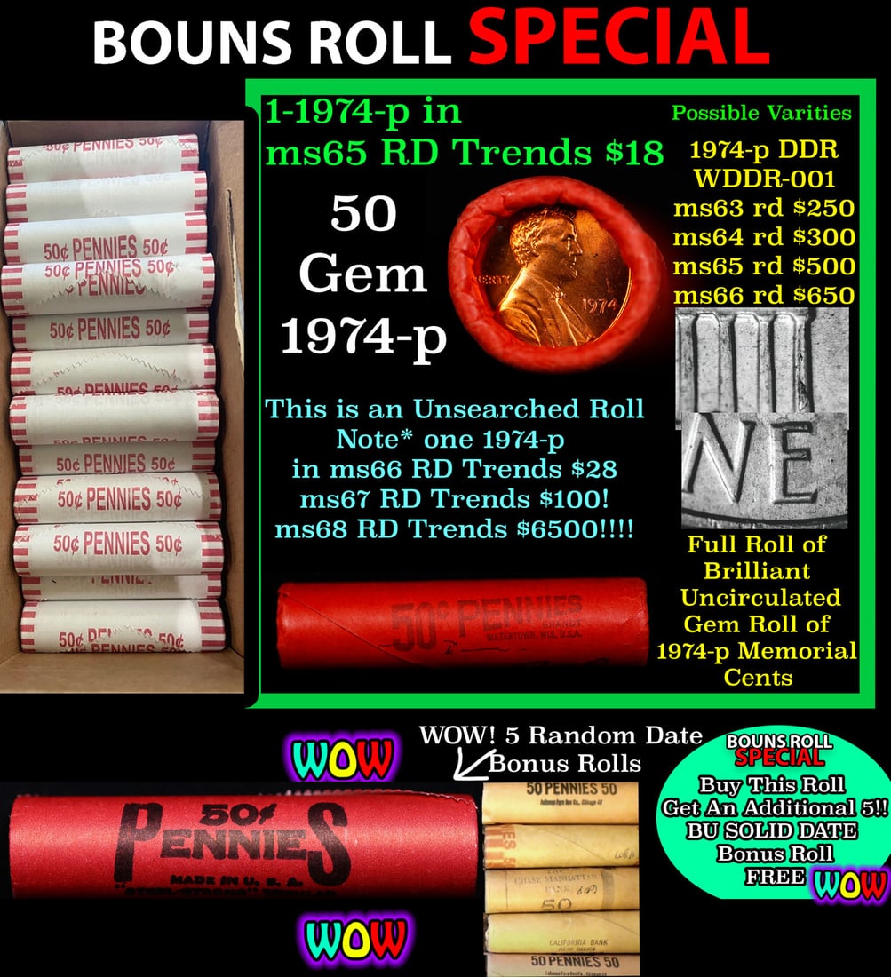 THIS AUCTION ONLY! BU Shotgun Lincoln 1c roll, 1974-p 50 pcs Plus FIVE bonus random date BU roll!: THIS AUCTION ONLY! BU Shotgun Lincoln 1c roll, 1974-p 50 pcs Plus FIVE bonus random date BU roll! Brandt Wrapper 50c Grades. A terrific Shotgun roll of Lincoln cents in a Brandt wrapper. Most if not a